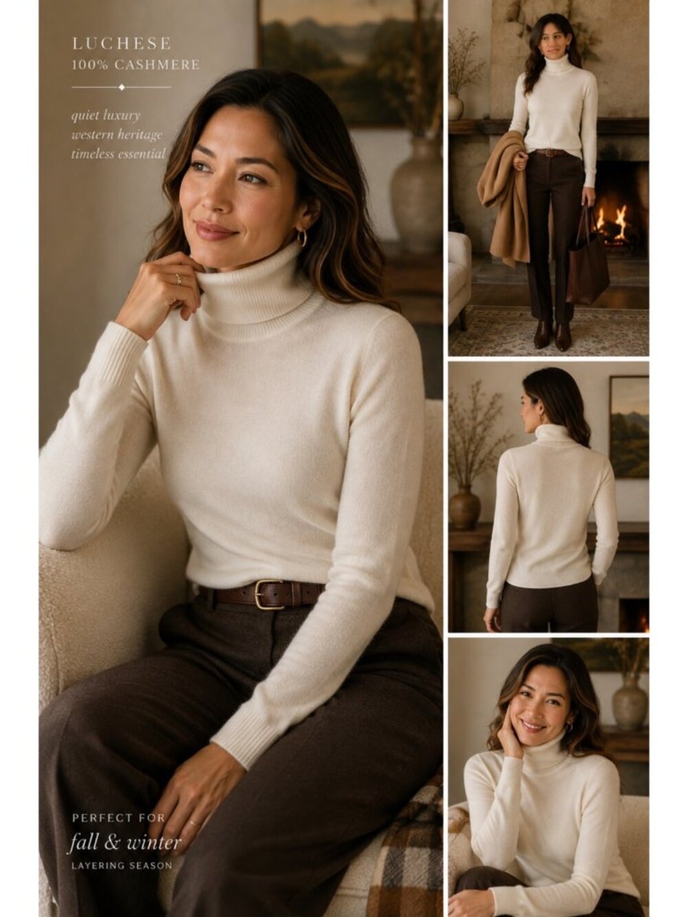 Lucchese Women L 100% Cashmere Turtleneck Sweater Cream Western Quiet Luxury